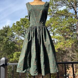 Vintage 50s/60s Green Cotton Novelty Print Full Circle Skirt Midi Dress Pockets